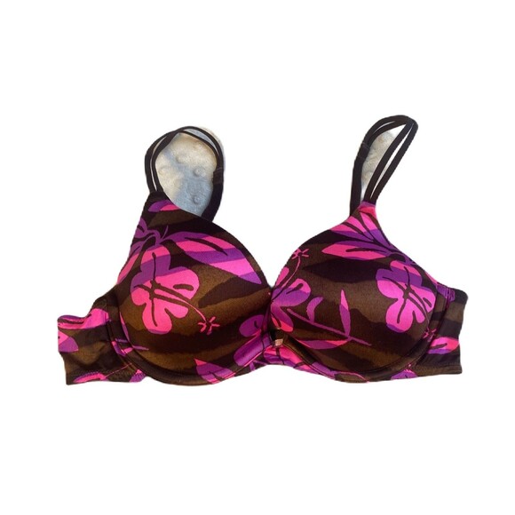 Victoria’s Secret Hibiscus Print Push-Up Vintage Y2K Brown / Pink -Size 34 B EUC - Picture 2 of 6